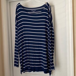 Navy and white striped long sleeve tunic length shirt